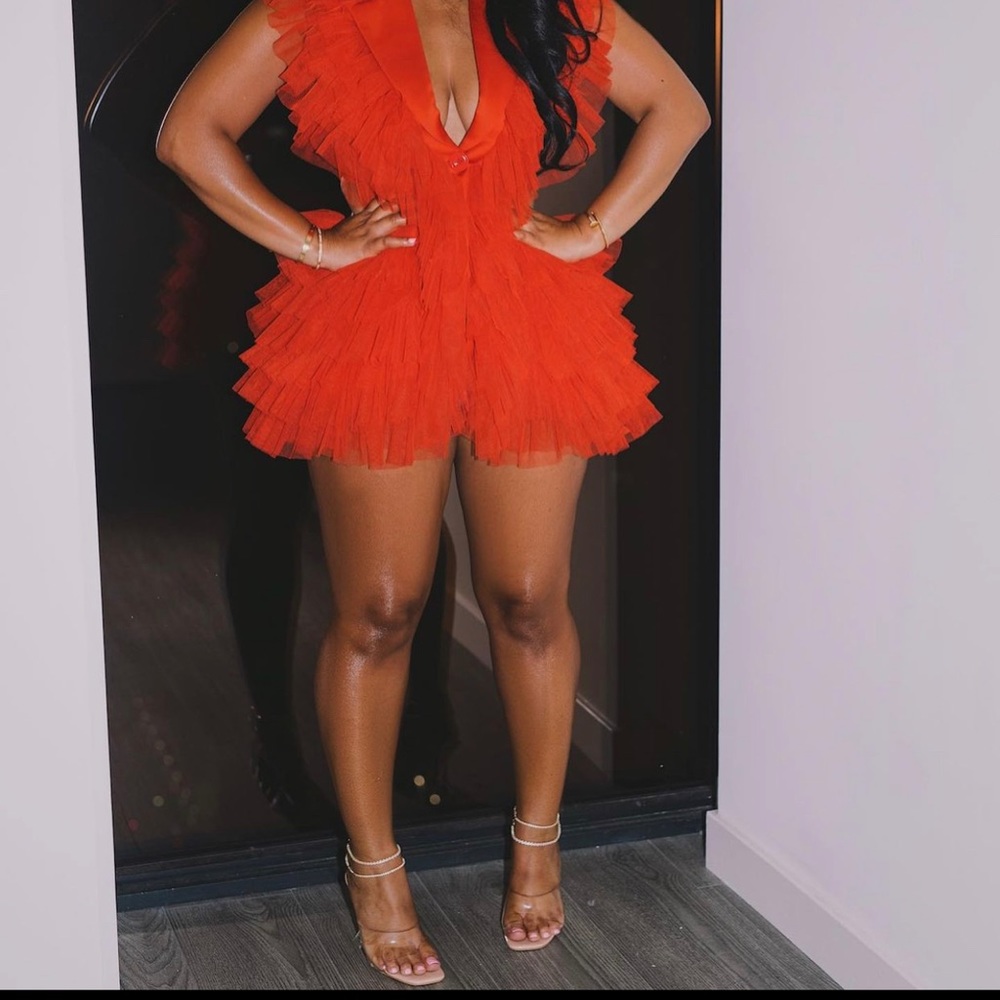 Runway Fashion Dress / Red / Ruffle / Short / Deep V